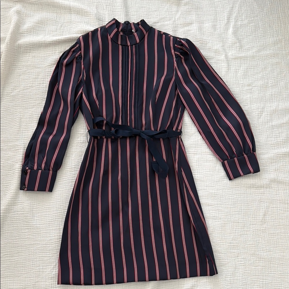 Sandro Navy and Red Striped Long Sleeve Dress Satin Twill